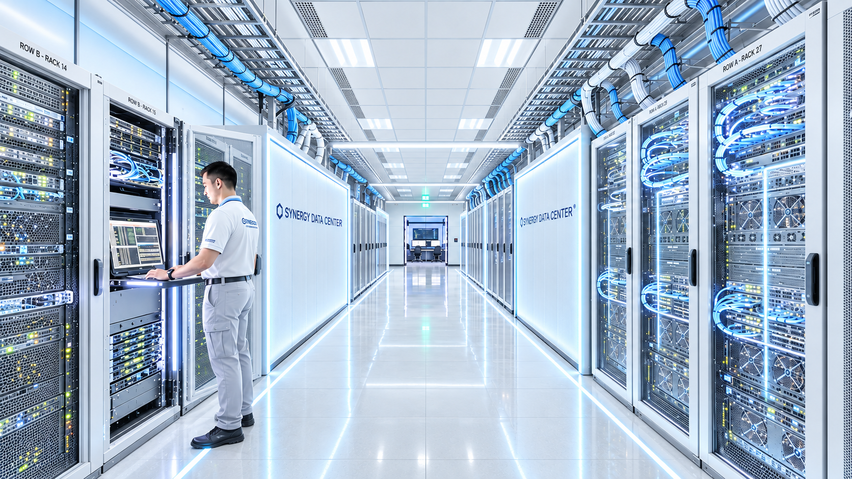Technician working in a bright enterprise data center