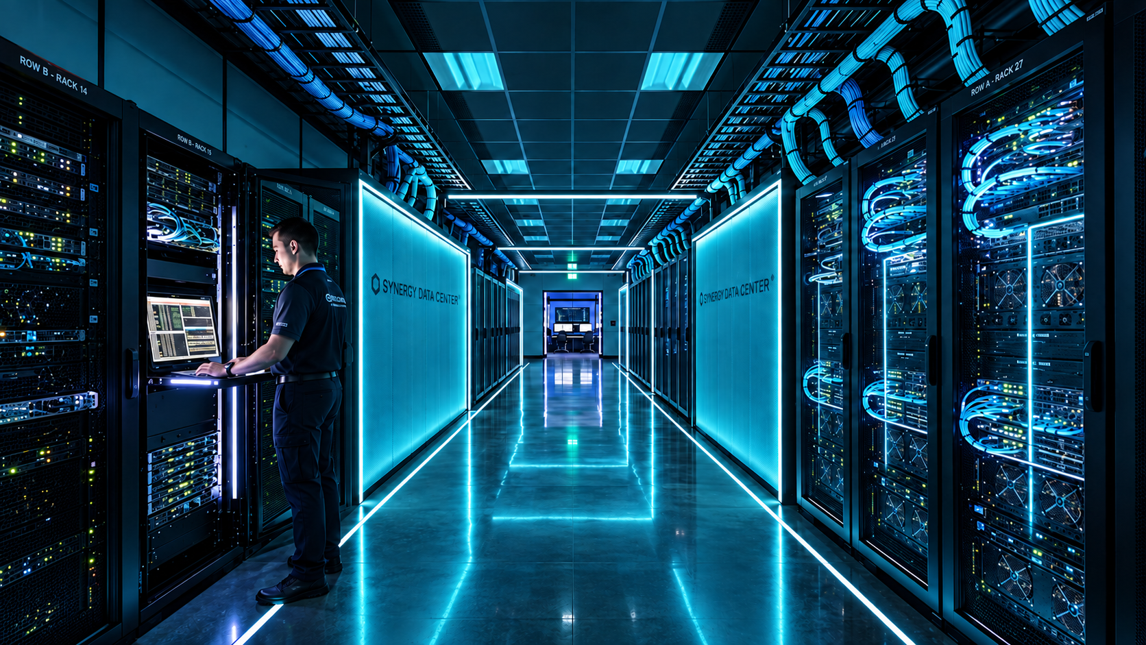 Technician working in a dark enterprise data center